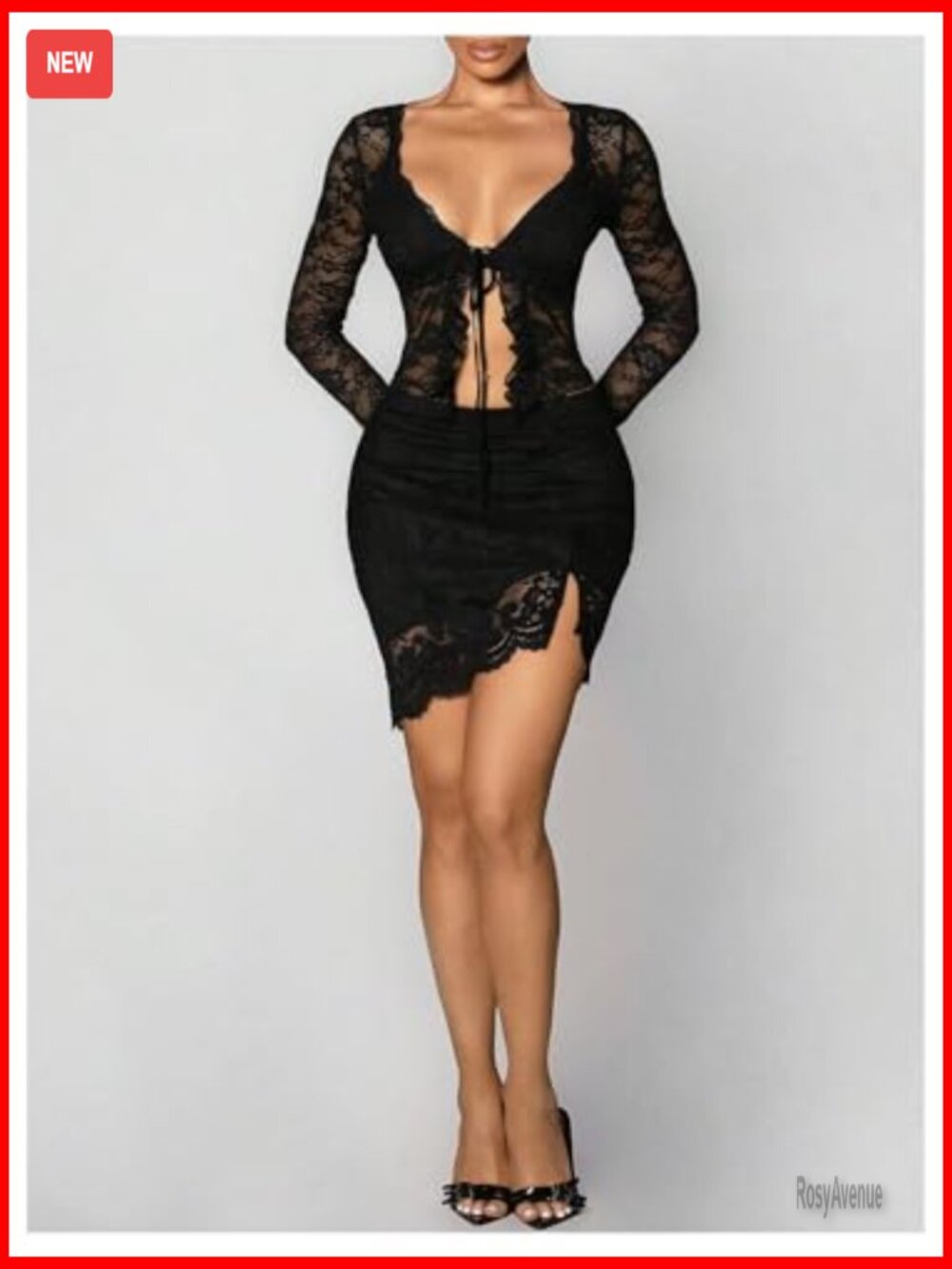 Lace Tie Front Crop Top Ruffled Long Sleeve Sheer Mesh Blouse Sexy - Picture 5 of 5